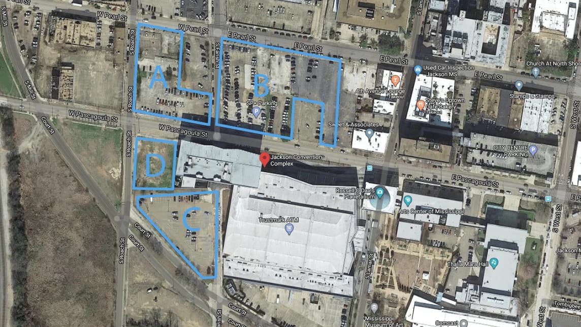 Aerial view of the undeveloped parcels (outlined and labeled A through D) across from the Jackson Convention Complex in downtown Jackson.