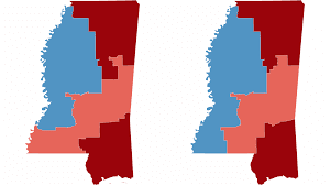 Two maps of Mississippi's congressional districts shaded red and blue by party.