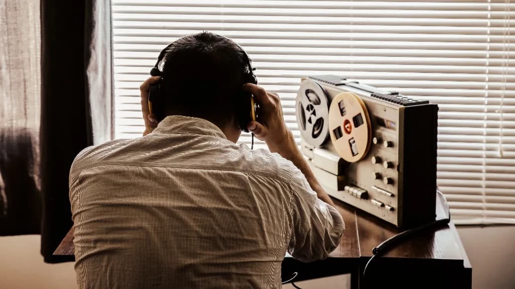 A man in headphones at a desk, listening to a reel-to-reel tape recorder beside backlit window blinds — a surveillance-style illustration.