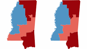 Two maps of Mississippi's congressional districts shaded red and blue by party.
