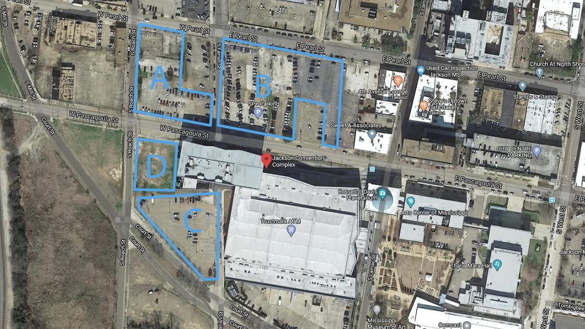 Aerial view of the undeveloped parcels (outlined and labeled A through D) across from the Jackson Convention Complex in downtown Jackson.